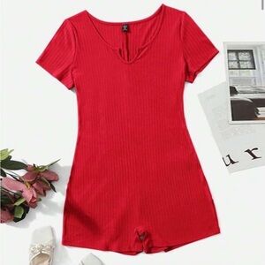 Red Ribbed Short Sleeve Romper